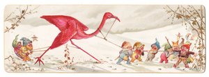 Una cartolina di Natale vittoriana che mostra un gruppo malizioso di elfi che portano via un fenicottero catturato nella neve, c.1880 da English School