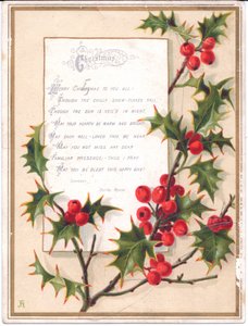 Cartolina di Natale Vittoriana con agrifoglio e verso, c.1880