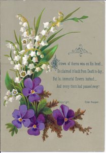 Cartolina di auguri vittoriana con violette e bucaneve, circa 1880 da English School