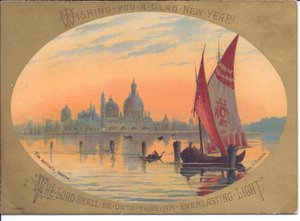Cartolina di Capodanno vittoriana di una barca e gondole sul mare Adriatico, Venezia, c.1880
