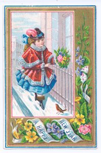 Cartolina di Capodanno vittoriana con una ragazza vestita con un mantello foderato di pelliccia che tiene un bouquet di fiori camminando nella neve, c.1880