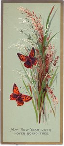 Cartolina di Capodanno vittoriana con due farfalle tra erbe alte, c.1880