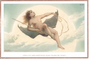 Una carta vittoriana di un uomo nudo che tiene una verga e siede su un paio di enormi ali di pipistrello volando tra le nuvole, c.1880