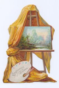 Cartolina vittoriana a forma di dipinto su un cavalletto con un drappo, c.1880 da English School