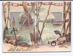 Biglietto di auguri vittoriano con navi a vela viste attraverso uno schermo di garza, c.1880