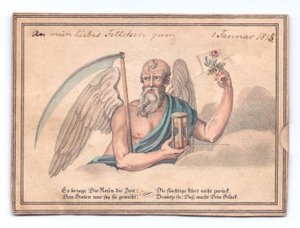 Cartolina di auguri vittoriana del mietitore con una falce e una clessidra che tiene una rosa, c. 1815 (litografia a colori)