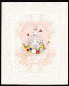 Biglietto di San Valentino vittoriano in pizzo di carta raffigurante una fontana con fiori, 1870 circa (litografia a colori)