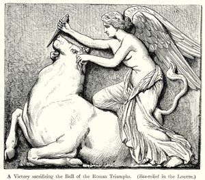 Una Vittoria che sacrifica il Toro dei Trionfi Romani. (Bassorilievo del Louvre) (incisione)