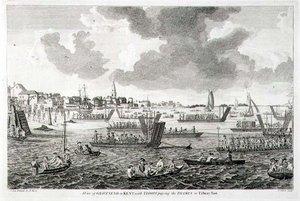 Veduta di Gravesend nel Kent, con truppe che attraversano il Tamigi verso il Forte di Tilbury da English School