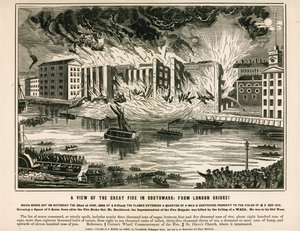 Una vista del grande incendio a Southwark, dal London Bridge
