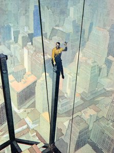 Un operaio su un trespolo vertiginoso, in alto sopra New York (litografia a colori) da English School