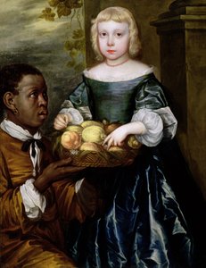 Una giovane ragazza a cui viene offerto un cesto di frutta da un servitore, c.1650 da English School