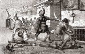 Un combattimento tra gladiatori nell
