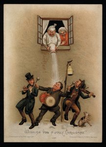 Una coppia che si oppone ai cantori di canti natalizi fuori dalla loro finestra, biglietto di auguri di Natale da English School