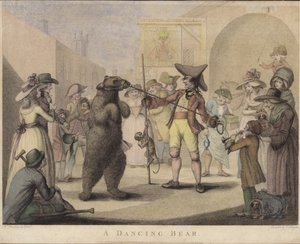 Un orso che balla (incisione a colori)