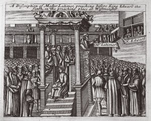 Una descrizione di Maestro Latimer che predica davanti a Re Edoardo VI nel luogo di predicazione a Westminster, illustrazione da Atti e Monumenti di John Foxe, nona edizione, pub. 1684