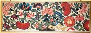 Un pannello in feltro e applique con ricami in seta raffigurante garofani, tulipani e altri fiori che traboccano da un cesto su uno sfondo di lana avorio, c.1730-40 da English School