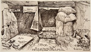Un appartamento nelle dimore di fango, la Parata, Francia: un rifugio per ufficiali britannici, da un disegno di se stesso, da The Illustrated War News da English School