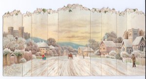 Cartolina di Natale vittoriana pieghevole a fisarmonica di un castello e una chiesa e un uomo che porta una vanga nella neve, c.1880 da English School