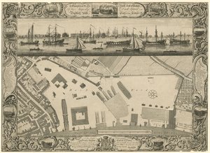 Piano geometrico e elevazione nord-est del Cantiere Navale di Sua Maestà a Deptford con parte della città da English School