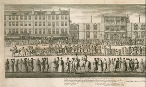 Vista geometrica della grande processione dei Miserabili Scalzi, Somerset House, Londra da English School