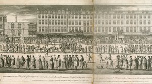 Vista geometrica della grande processione dei Miserabili Scalzi, Somerset House, Londra
