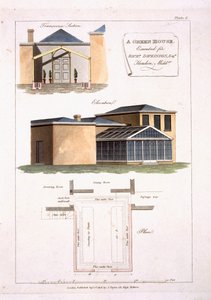 Una serra con dettagli gotici attaccata a una casa in stile neoclassico per Richard Dickinson Esq a Hendon, Middlesex, 1806
