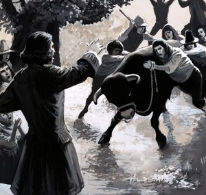 Un gruppo di disturbatori cercò di interrompere la predicazione di John Wesley guidando un toro nella folla da English School