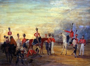 Un gruppo di ufficiali e uomini a cavallo e smontati della Cavalleria dello Yorkshire in vari ordini di abbigliamento, c.1820