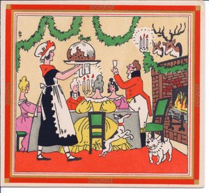 Cartolina di Natale francese pochoir colorata a mano di una cameriera che serve un budino di Natale, circa 1920 da English School