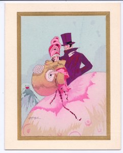 Cartolina di Natale francese pochoir colorata a mano di una dama del Regency con un manicotto, accompagnata da un gentiluomo con cilindro, circa 1920 da English School