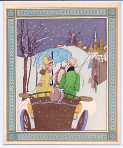 Una cartolina di Natale francese pochoir colorata a mano di una coppia di Rencecy in una carrozza aperta che attraversa la neve, circa 1920