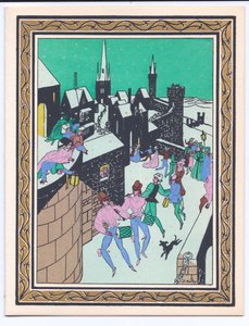 Una cartolina di Natale francese pochoir colorata a mano di una parata di musicisti che si esibiscono nelle mura di un castello, circa 1920 da English School