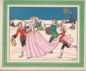 Cartolina di Natale francese pochoir colorata a mano di una donna in un abito rosa fluente che pattina sul ghiaccio con assistenti che tengono una lanterna e il suo strascico da English School