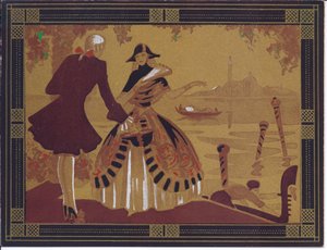 Cartolina di auguri francese pochoir colorata a mano di una scena veneziana, circa 1920 da English School