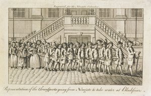Una fila di detenuti incatenati dalla prigione di Newgate, Old Bailey, portati a Blackfriars per il trasporto, c.1760
