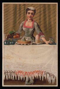 Cameriera che apparecchia una tavola con cibo, cartolina di auguri da English School