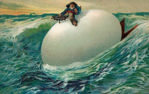 Un uomo che tiene una gallina mentre naviga su un grande uovo sull