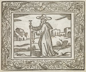 Un uomo che tiene un bastone e un crocifisso, illustrazione da 