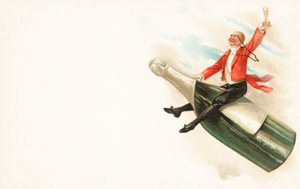 Un uomo che cavalca il collo di una bottiglia di champagne