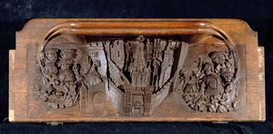 Una misericordia che raffigura una città murata con una porta con saracinesca alzata, Cappella del New College, Oxford, fine XIV secolo