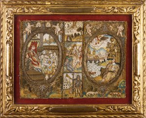 Rilegatura di libro ricamata raffigurante scene religiose con un re seduto e un angelo che si rivolge a un uomo vicino a un fiume da English School