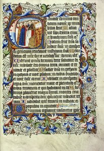Una pagina di un salterio in latino, con una lettera istoriata raffigurante un gruppo di monaci davanti a un leggio che cantano, c.1455 da English School