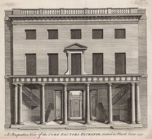 Vista prospettica del Mercato dei Fattori del Grano, eretto in Mark Lane 1751 da English School