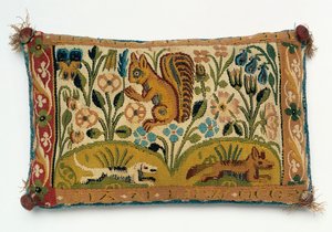 Pannello di arazzo per cuscino con uno scoiattolo e il motto 