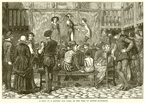 Una rappresentazione in un cortile di una locanda di Londra, ai tempi della regina Elisabetta da English School