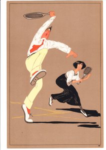 Una stampa di due giocatori di tennis in pose comiche e umoristiche, c.1920 da English School
