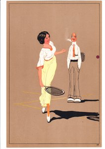 Stampa di due tennisti in pose comiche e umoristiche, c.1920 da English School