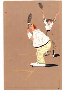 Una stampa di due tennisti in pose comiche e umoristiche, c.1920 da English School