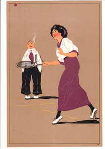 Una stampa di due tennisti in pose comiche e umoristiche, c.1920 da English School